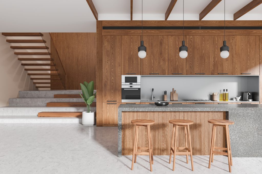 modern,kitchen,with,wooden,cabinetry,,bar,stools,,and,minimalist,design,