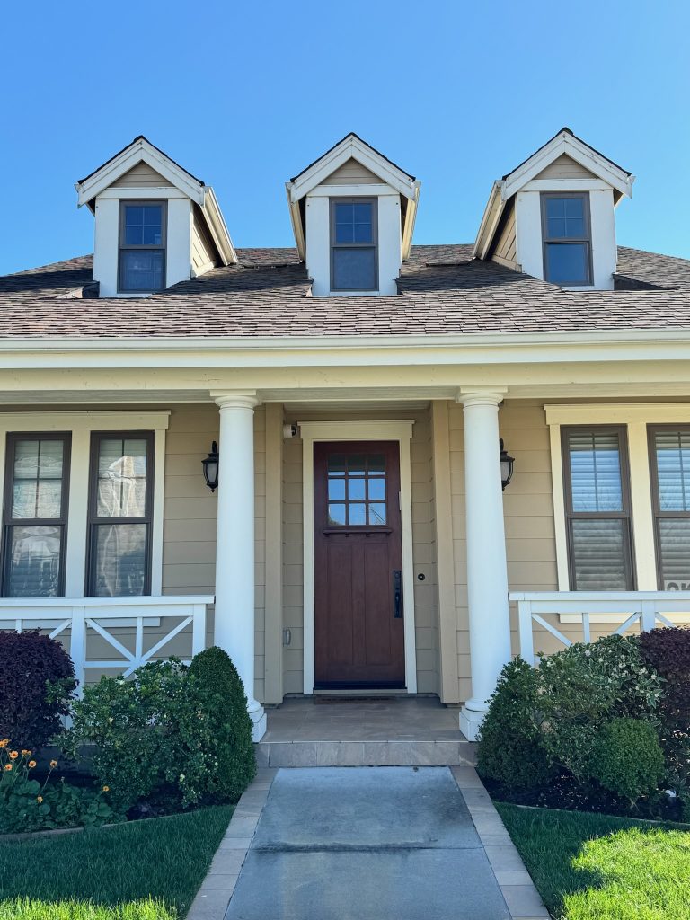 Location: Larkspur, California, Wood Highlights: Exterior siding at exterior facade, soffit area, and dormer areas