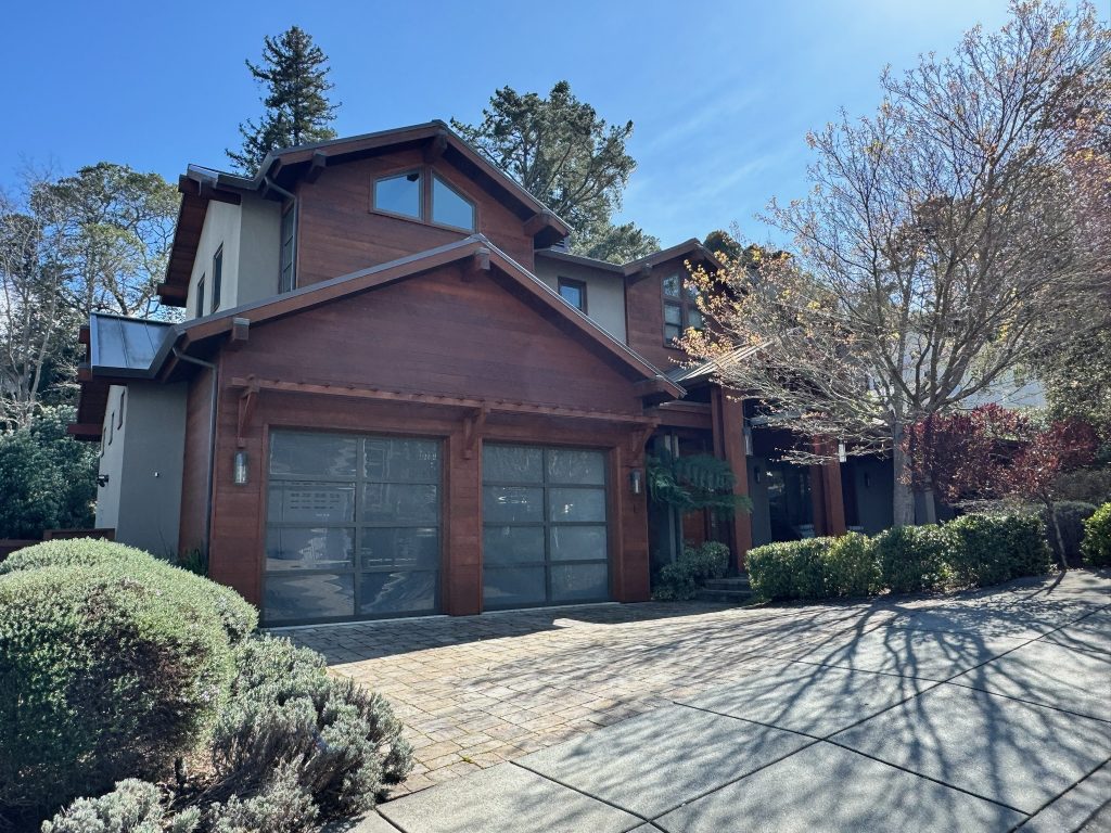 Location:  Private Residence, Larkspur, California, Wood Highlights: Wood siding paired with wood shingles 
