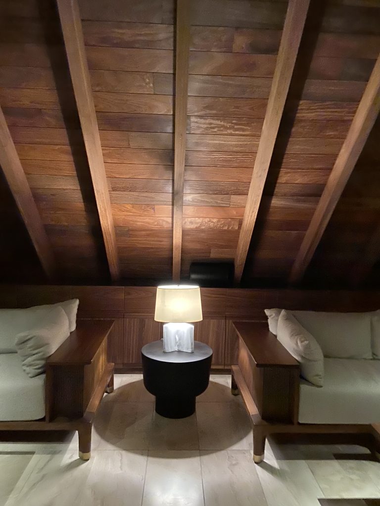 Location: L'Atelier de Joel Robouchon, Gustavia, St. Barthelemy, Wood highlights: T&G on the ceiling between beams
