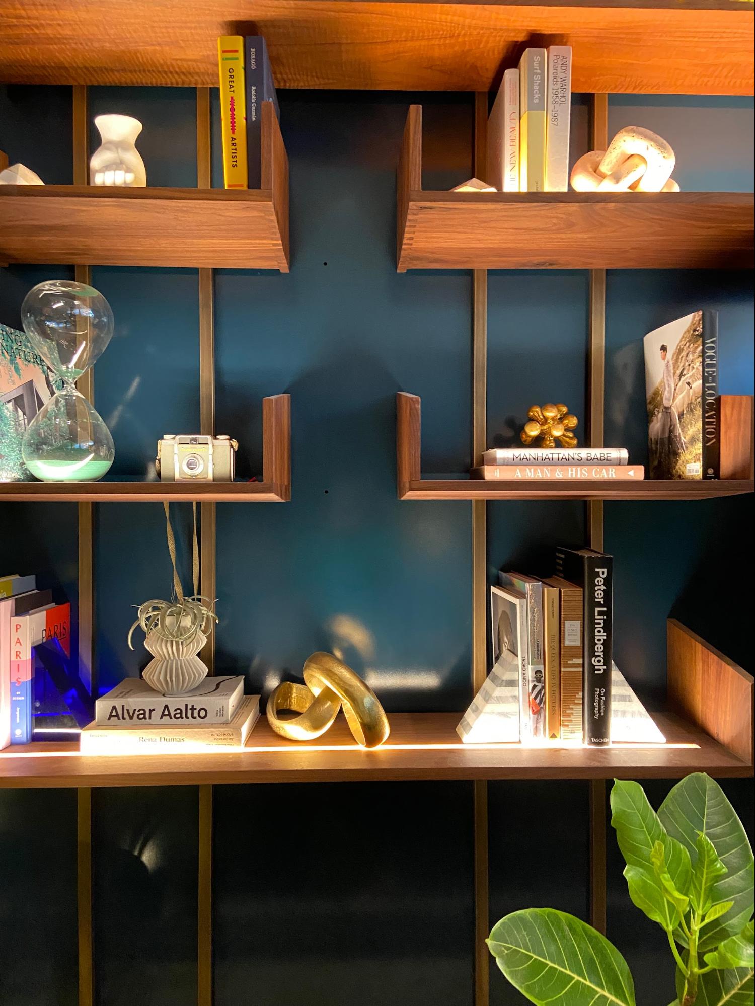 Location: Hospitality Project, NY, NY, Wood Highlights: S4S Shelving, mitered corners, light pocket
