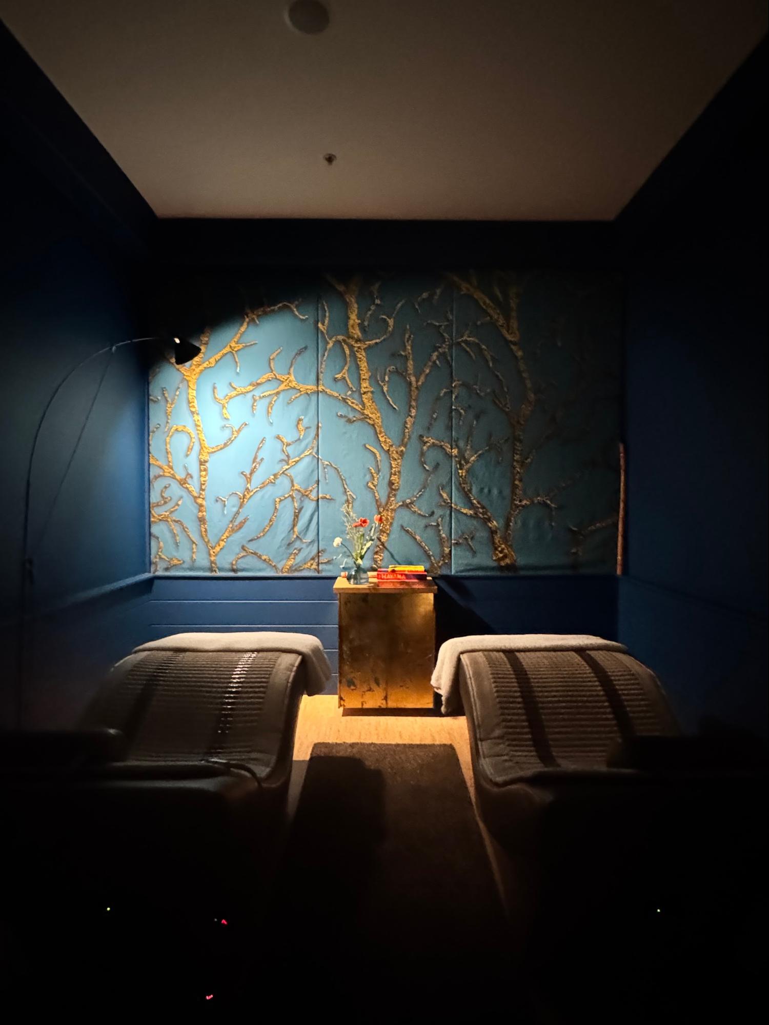 Location: Resonance Spa, Marin County, California, Wood Highlights: Shiplap wainscot below fabric wallcovering