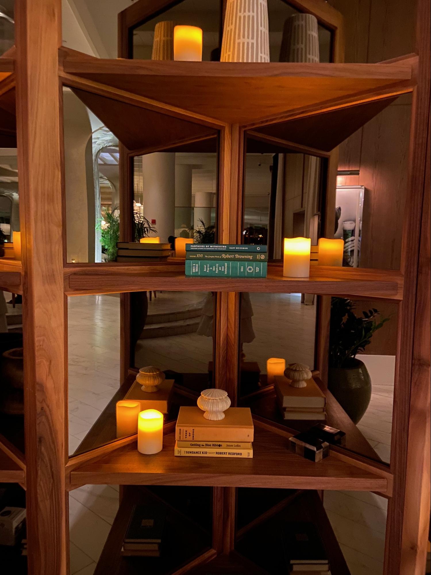 Location: Monkey Bar at SLS Baha Mar, Bahamas, Wood Highlights: Trim at S4S shelving with mirror back