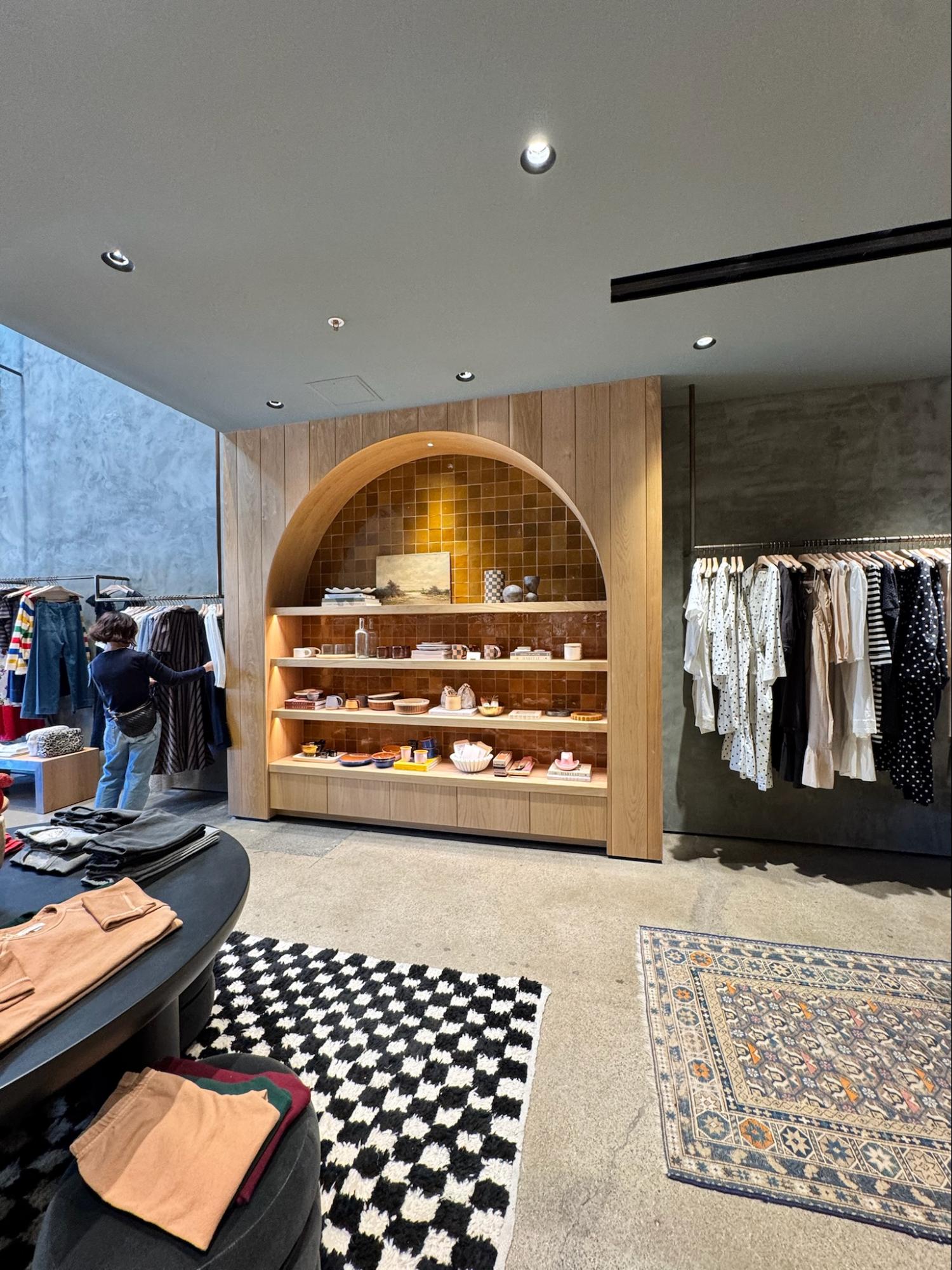 Location: The Great, Wood Highlights: T&G vertically placed, flat eased edge moulding at edge of S4S shelving, with tiled back wall