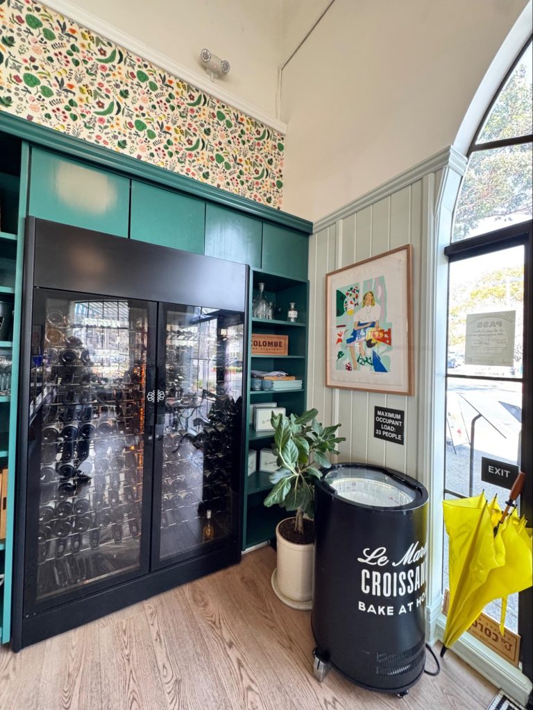 Location: Buvette Cafe, Marin County, California, Wood Highlights: Shiplap wainscot at back wall with trim and wallpaper