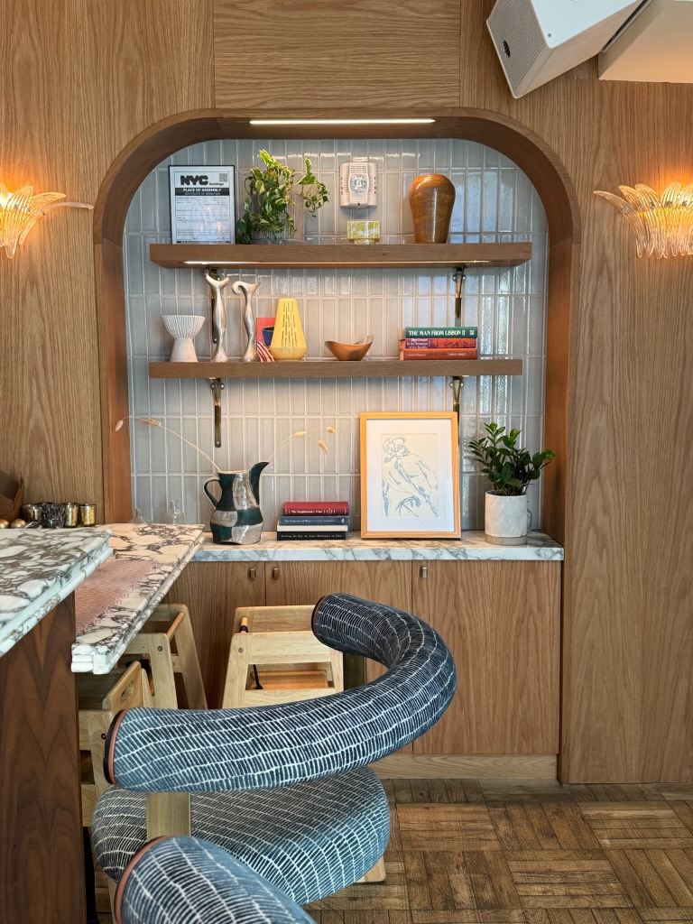 Location: The Hoxton Williamsburg, Brooklyn, NY Wood Highlights: Trim at floating wood shelves with tile back
