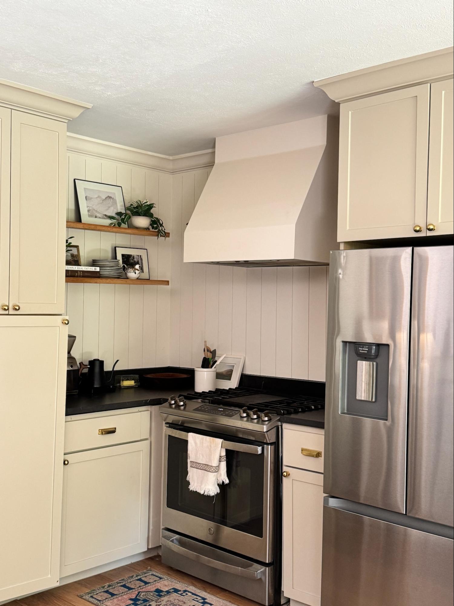 Location: Private Residence, Wood Highlights: Shiplap above stone backsplash with crown moulding