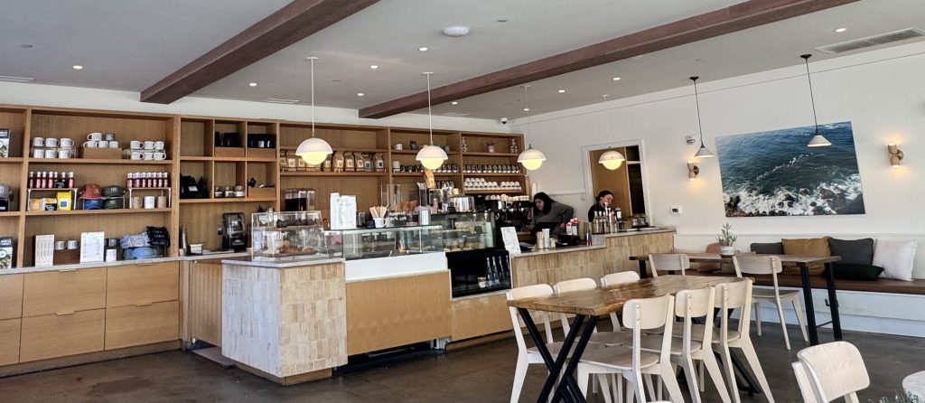 Location: Cafe at Malibu Farm, Wood Highlights: Natural wood design elements combined with tile at checkout counter