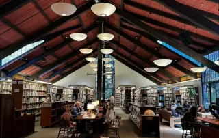 Location: Mill Valley Public Library, Mill Valley, California, Wood Highlights: wood bookcases with architectural wood moulding fill the award winning main reading room