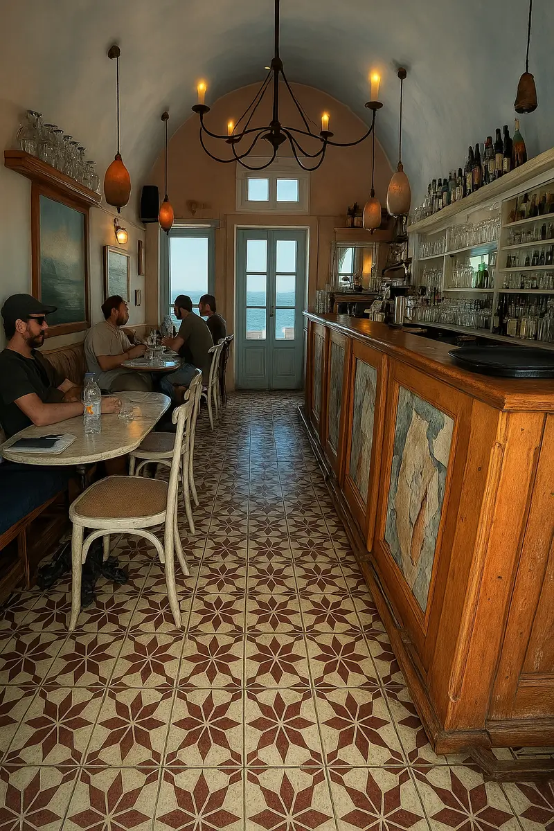 Location: Meteor Cafe, Oai, Santorini, Greece, Wood Highlights: Warm wood trim at face of bar, painted wood at bar back