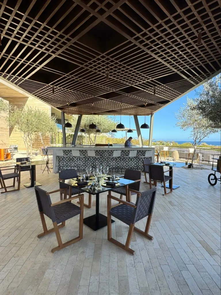 Location: Al Pairo, Baja California, Wood Highlights: Natural wood dominates the exterior ceiling design framing the view