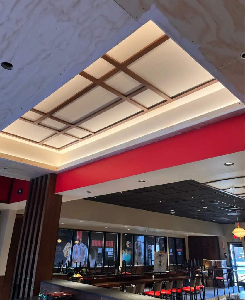 Location: Benihana, San Mateo, California, Wood Highlights: Ceiling features wood elements supplied by Lowpensky Moulding