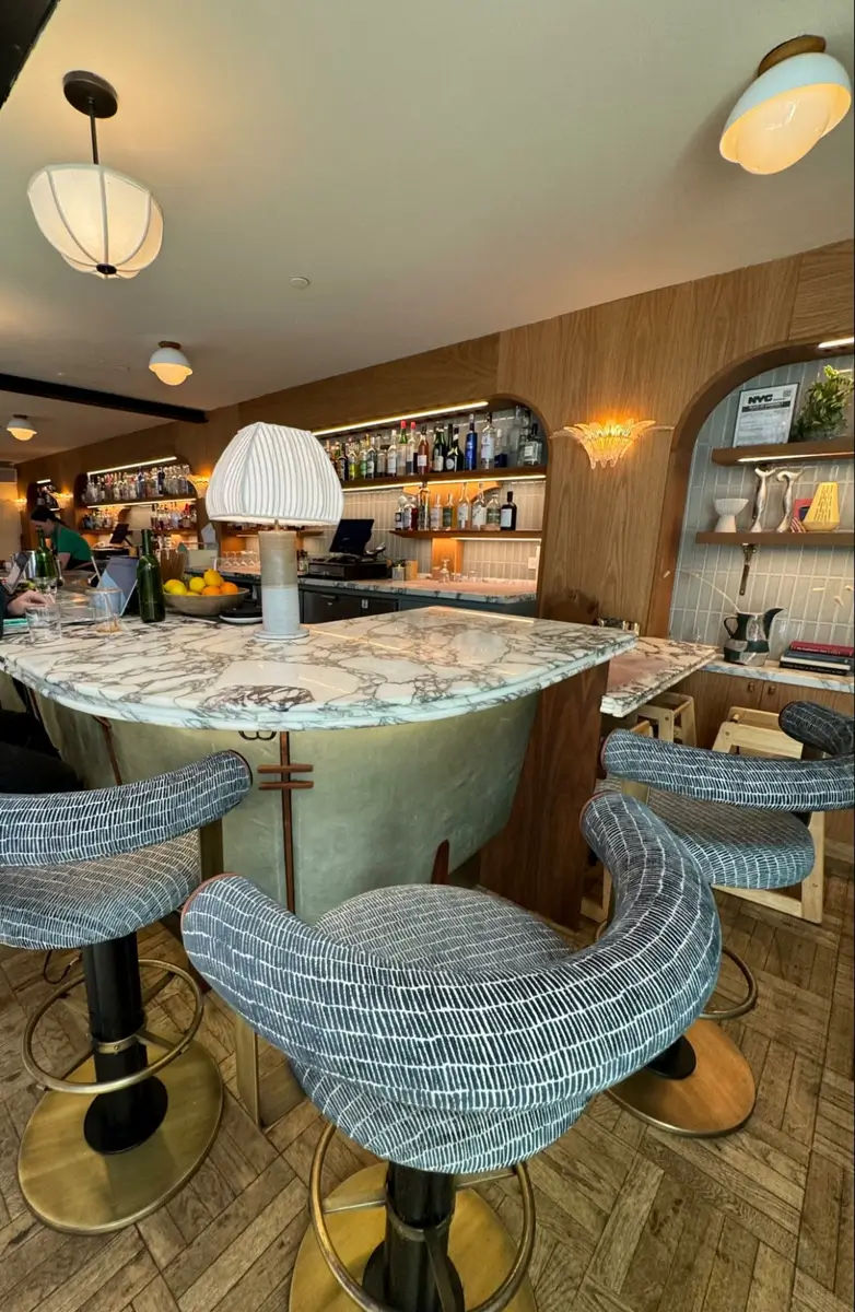 Location: K’Far, Brooklyn, NY, Wood highlights: wood trim at bar and bar back