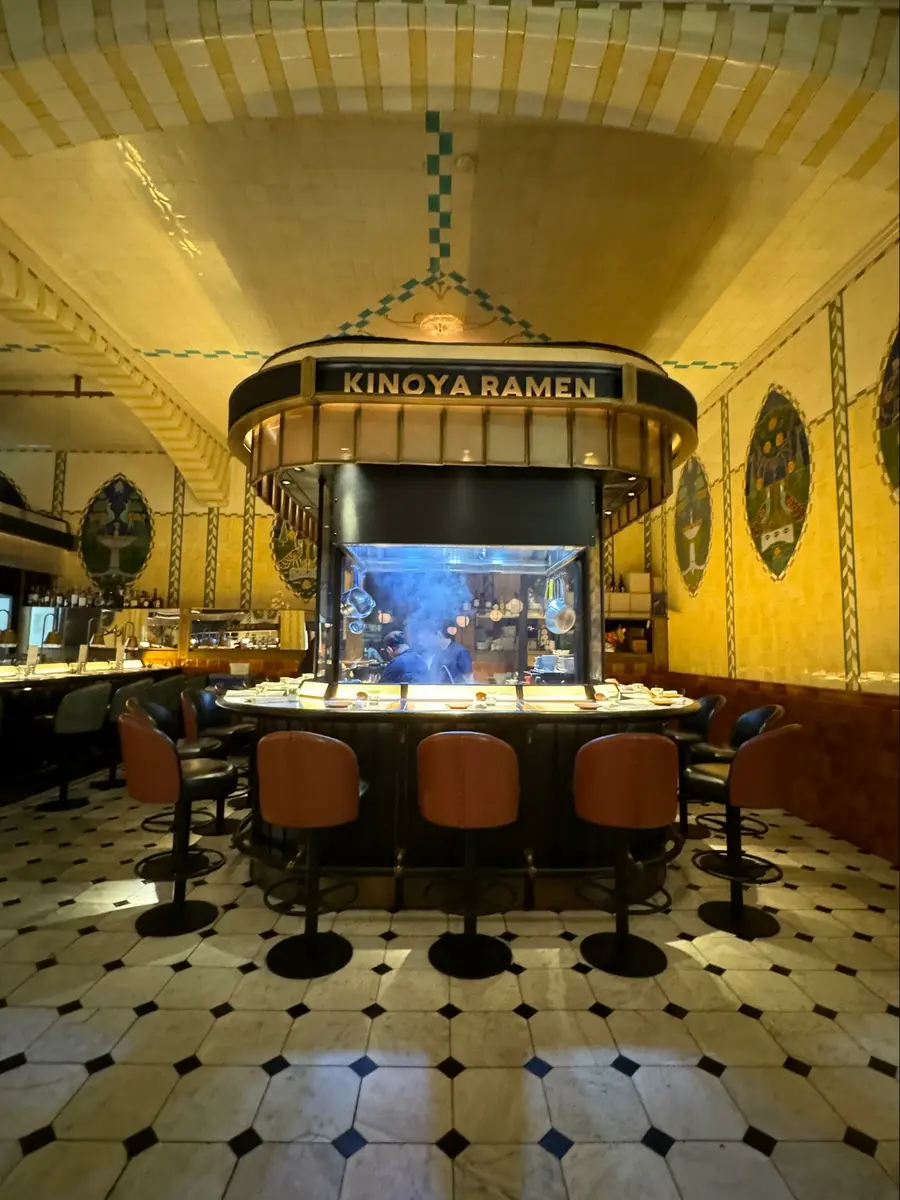 Location: Kinoya Ramen Bar, Harrods, London, England, Wood Highlights: Warm wood trim at face of bar and wood edge at counter