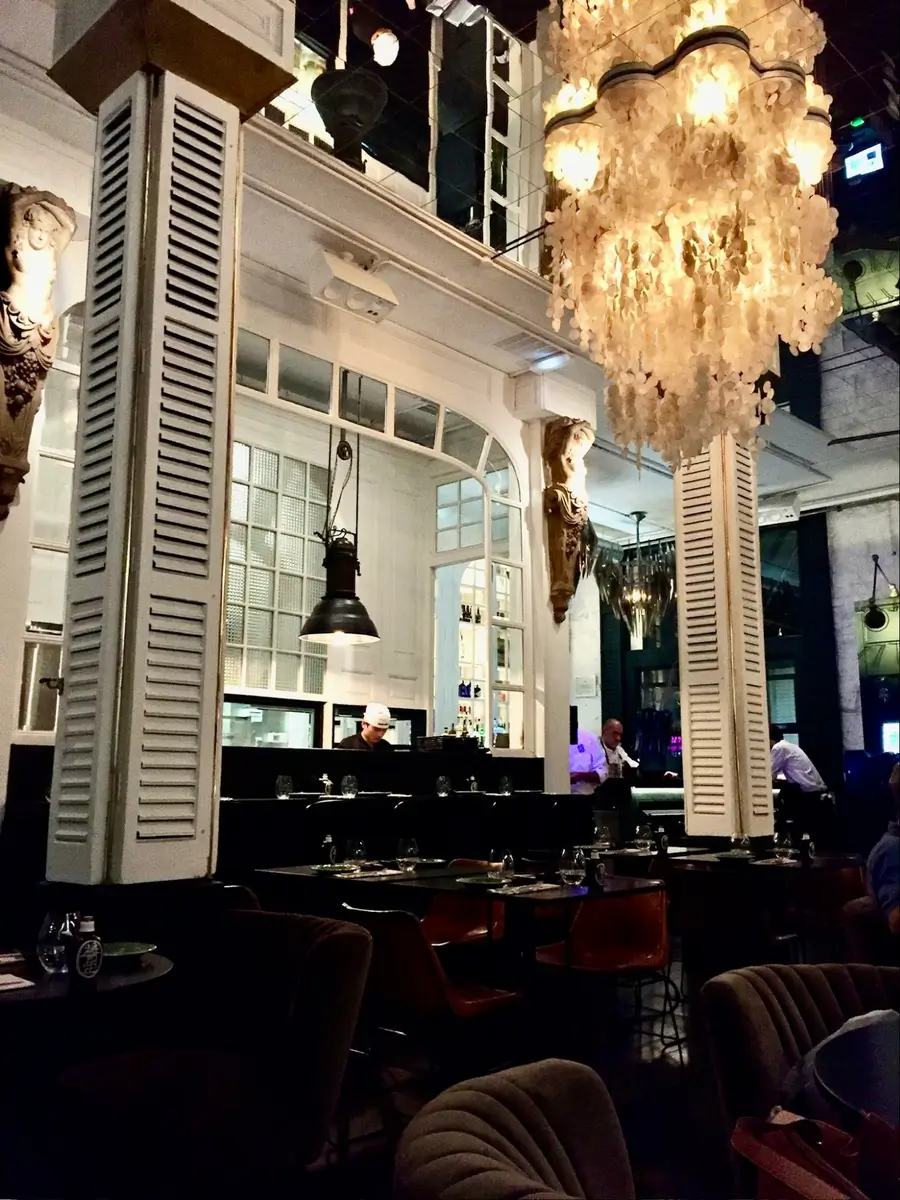 Location: Restaurant, Barcelona, Spain, Wood Highlights: Painted wood trim at bar area