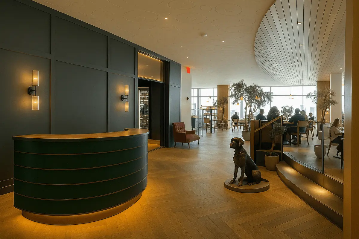 Location: Queensyard, NY, NY, Wood Highlights: Interior moulding design and architectural moulding at curved reception desk and interior wall