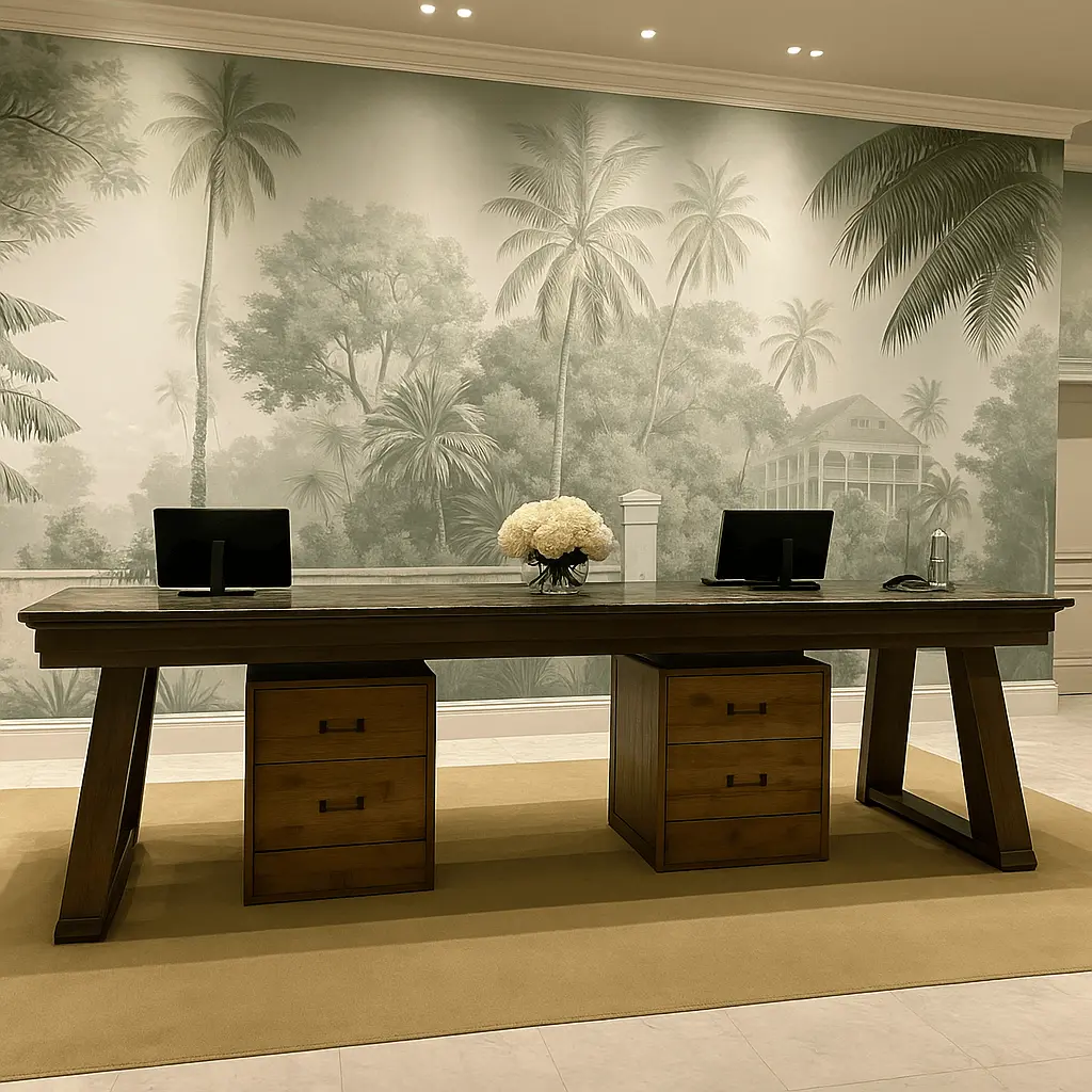Location: SLS, Rosewood, Baha Mar, Nassau, BahamasWood Highlights: Architectural Moulding at crown and baseboard trim behind wood reception desk set the tone for this reception desk area design