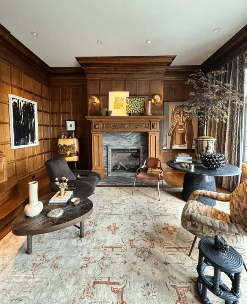 Location: 2025 SF Decorator Showcase, San Francisco, California Wood Highlights: crown moulding, paneling, baseboard, fireplace surround, staircase
