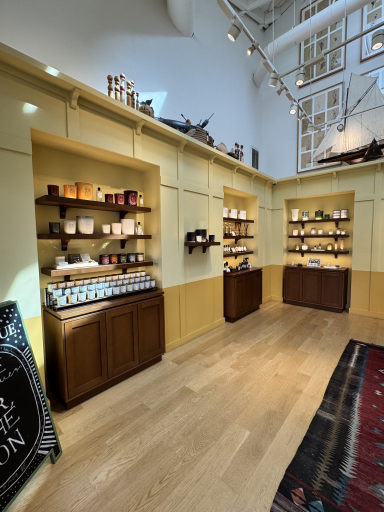 Location: Diptyque, Larkspur, California Wood Highlights: Baseboards, S4S top ledge, S4S at niche shelving, wall trim, baseboards, flooring