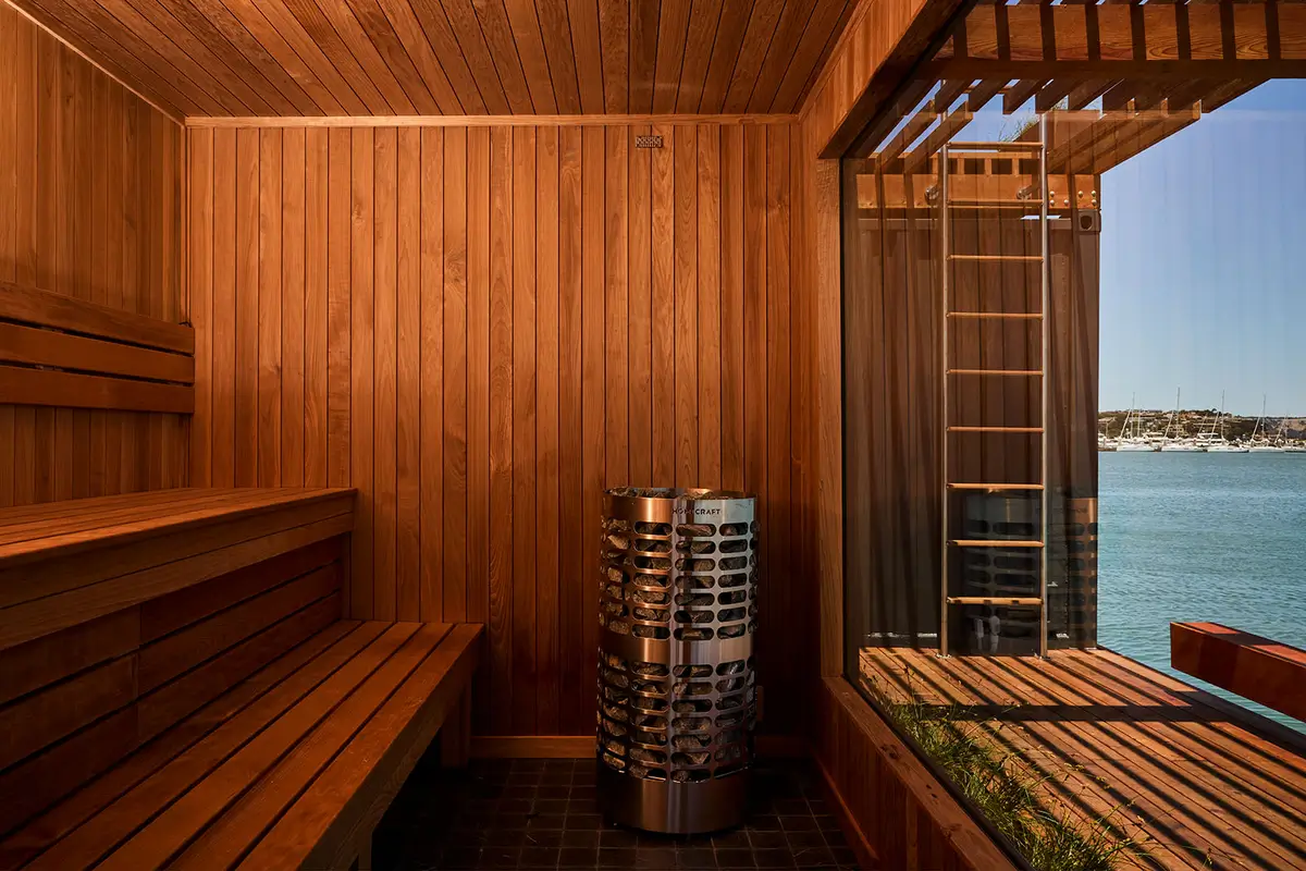 Location: Fjord, Sausalito, California Wood Highlights: walls, seating, flooring, window casing, ceiling, trim, ladder