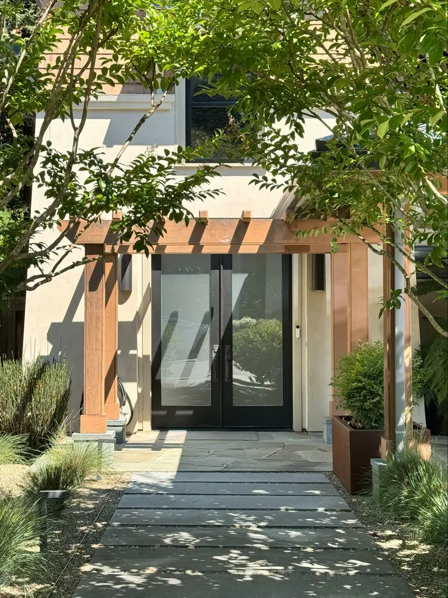 Photo credit: MetaphorEdge.com, Location: Private Residence, Marin County, California, Wood Highlights: Natural wood arbor made of natural wood S4S and trim beautifully marks the entry