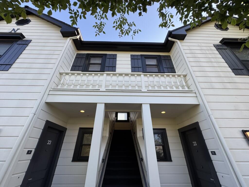 Location: MacArthur Place Hotel & Spa, Sonoma County, California, Wood Highlights: exterior handrails at upper area with square posts provide architectural interest and aesthetic balance at this historic complex renovated after 150 years
