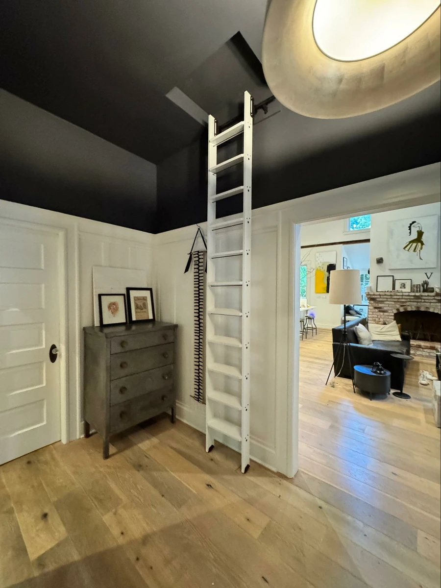 Photo credit: Metaphor Design, Location: Marin County, California, Wood Highlights: Painted picture rail moulding, ladder rails, ladder treads, baseboards, door casing, wainscoting, shoe moulding, cap moulding, flooring