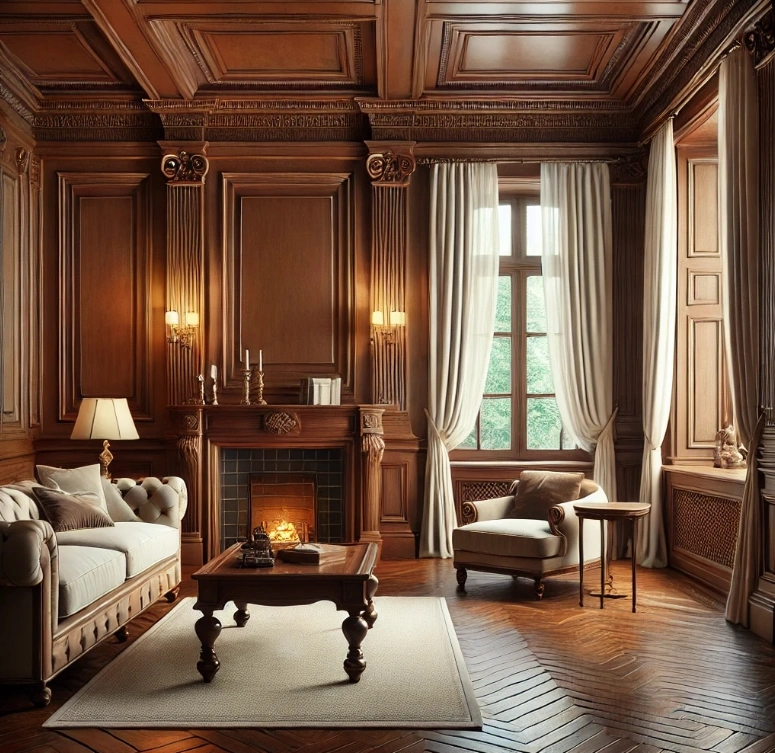Rendering inspired by literatureMoulding Highlights: Coffered ceiling, trim at wall panelling and window casing