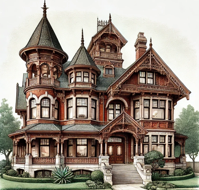 Rendering Image inspired by the Addams Family Mansion Moulding Highlights: Trim at windows, doors, eaves, and more.