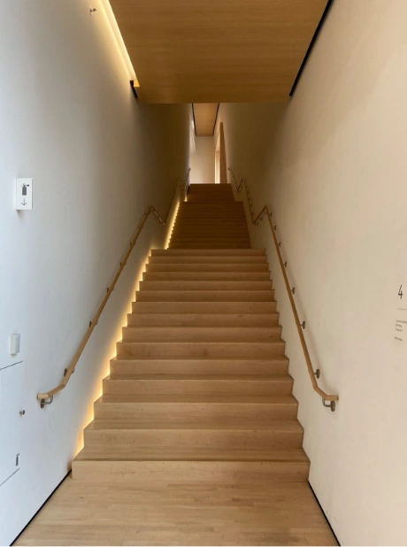 Photo credit: MetaphorDesign.comLocation: SF MOMA, San Francisco, California Wood Highlights: Tongue and groove wood risers and treads, wood hand railing, wood ceiling