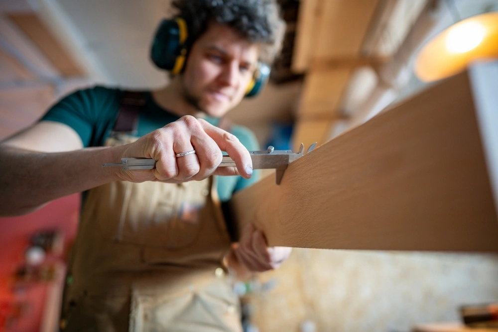 Wood Highlights: Wood worker checks measurement during milling with a caliper