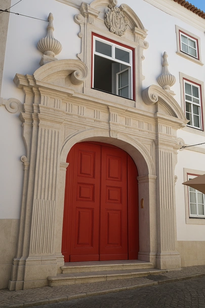 Location: Palacio Belmonte, Lisbon, Portugal Wood Highlights: Painted red wood door casing and trim design inset in stone creates a remarkable dramatic and memorable entry
