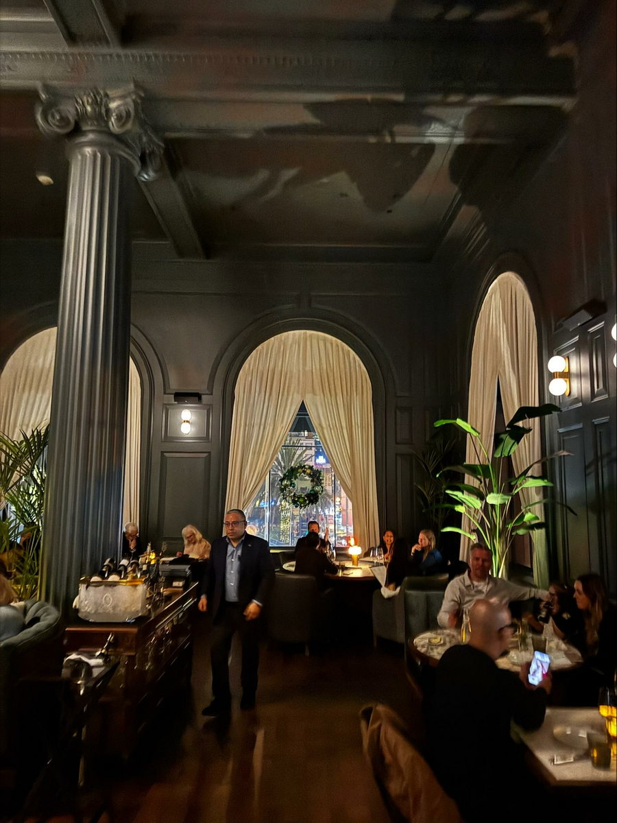 Location: Bourbon Steak, San Francisco, California, Wood Highlights: Painted ceiling mastery at work expands the drama above the walls and natural wood floors.