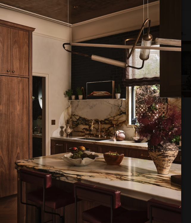 Location: Kitchen, "The Bakehouse" by Tineke Triggs Interiors and Cook Construction Wood Highlights: Newly milled casing lines hold the room’s framework while walnut cabinetry and stone introduce a contemporary layer below the historic double crown. Photo: José Manuel Alorda, courtesy of San Francisco Decorator Showcase 2026.